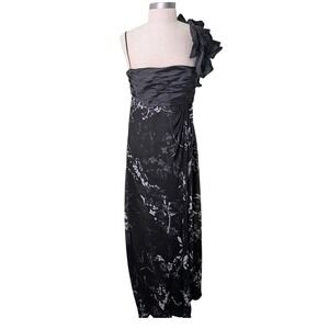 JS Collections Black Floral Chiffon One Shoulder Rosette Gown Maxi Dress NWT